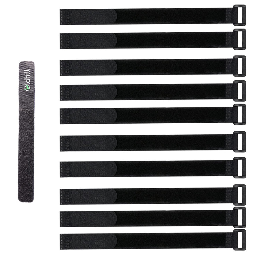 Hook and Loop Cinch Straps Adjustable and Reusable - 10 Pack (18 x 1, Black)