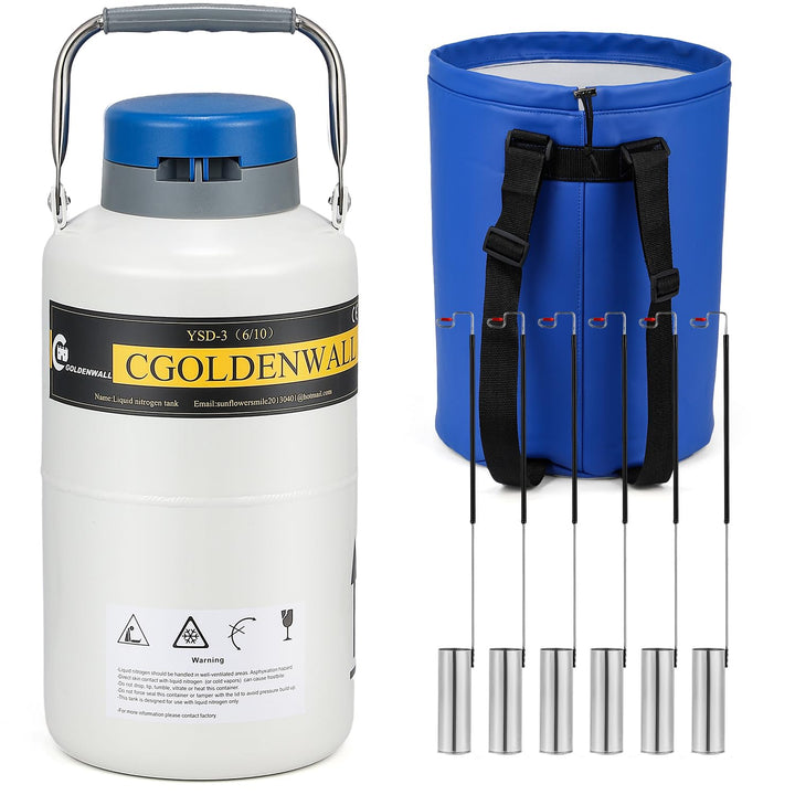 3L Liquid Nitrogen Container Cryogenic Container LN2 Tank Aluminum Alloy Dewar Liquid Nitrogen Dewar with 6 Canisters and Carry Bag (3L)