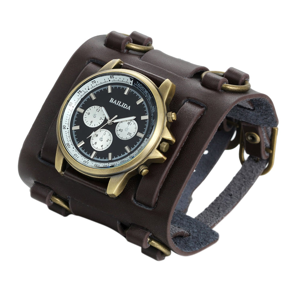 Mens Retro Steampunk Rock Black Wide Leather Bracelet Cuff Watches Big Face Round Dial Analog Quartz Sport Watch [Upgraded] Japanese Quartz Movement Watch (Brown-1)