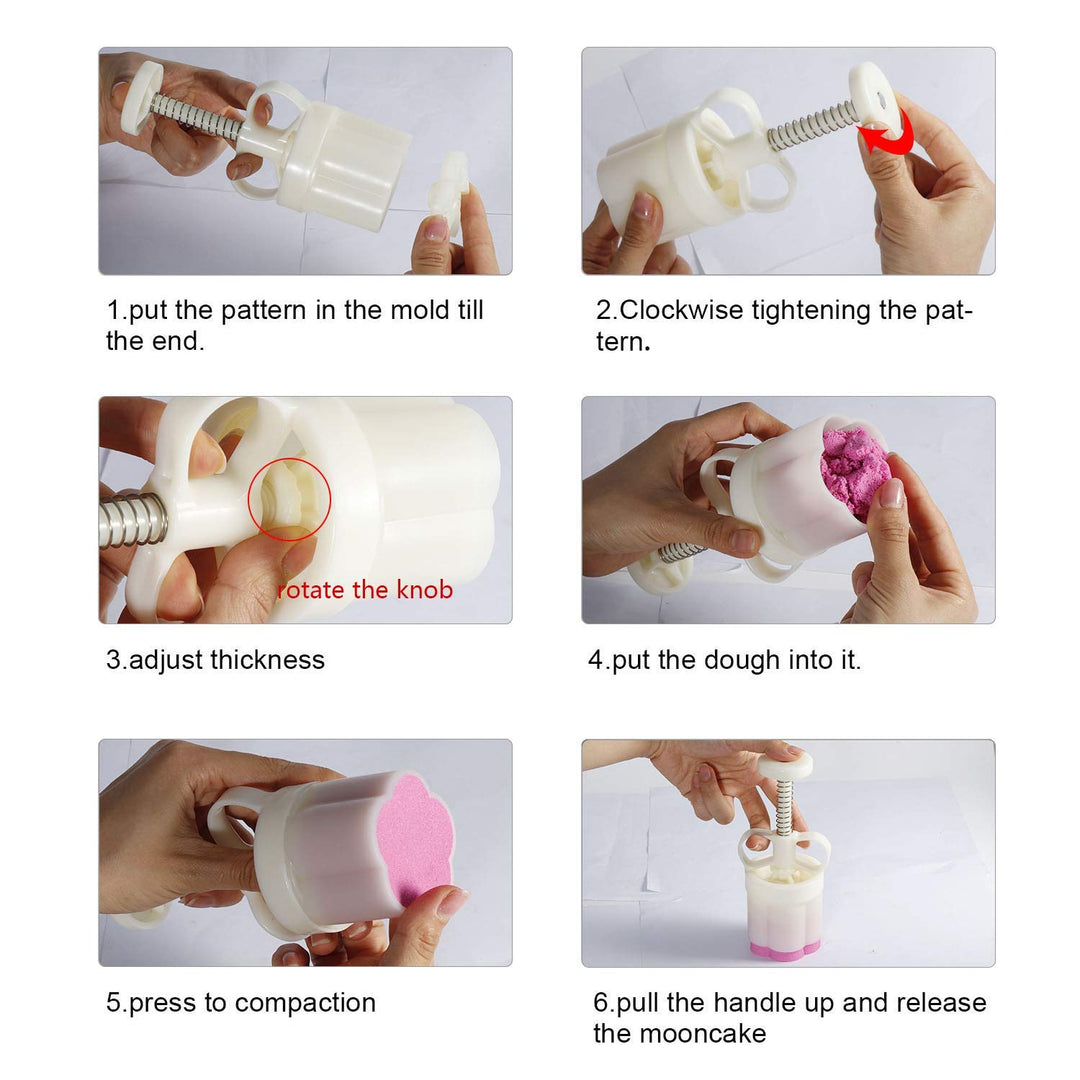 Moon Cake Mold Chinese Mid-autumn Festival Cookie Stamp Set, Thickness Adjustable 50g 6 Stamps Mooncake Shortbread Press DIY Decoration Hand Cutter Cake Polvoron Mold