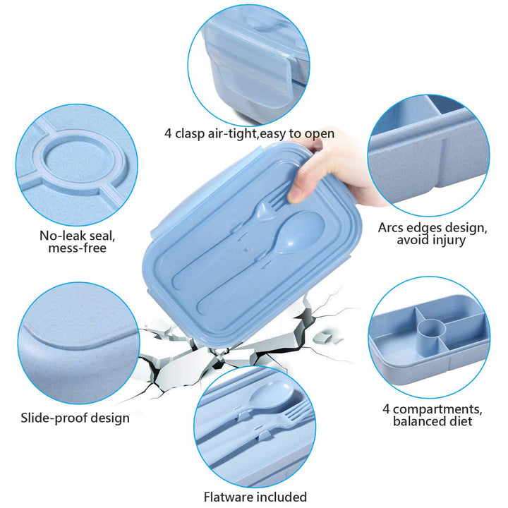 Bento Box for Kids Lunch Containers with 4 Compartments Kids Bento Lunch Box Microwave/Freezer/Dishwasher Safe (Flatware Included,Light Blue)