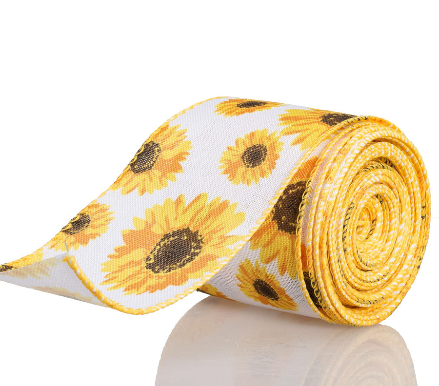 Sunflower Wired Ribbon, Flower Sunflower Ribbon for Spring Summer Autumn Wreath, Wrapping and Home Decoration, 10 Yards by 2.5 Inches (Style 1)