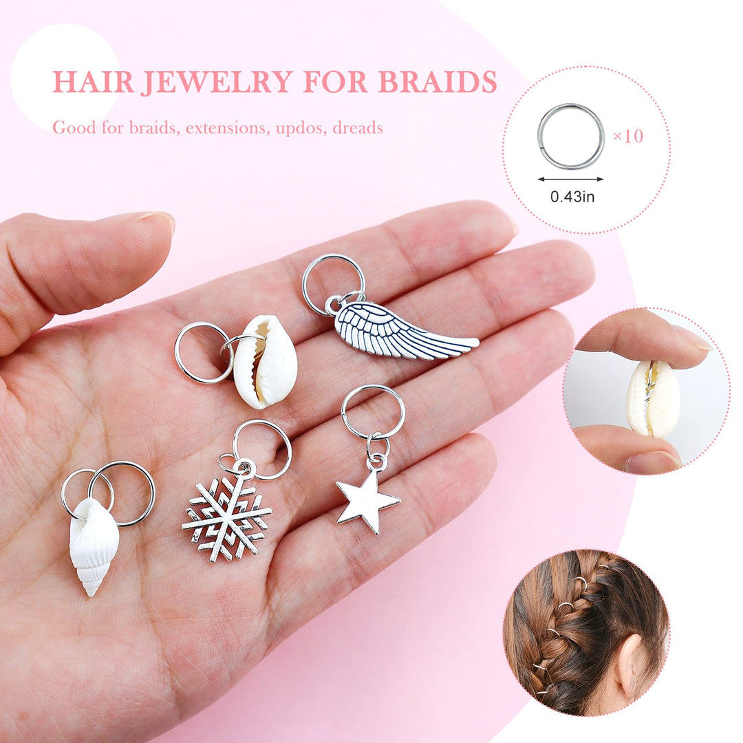 Hair Braid Rings, 50PCS Hair Loops Clips Silver Ring Shell Leaves Star Conch Snowflake Pendant Charms Set Hair Clip Headband Accessories