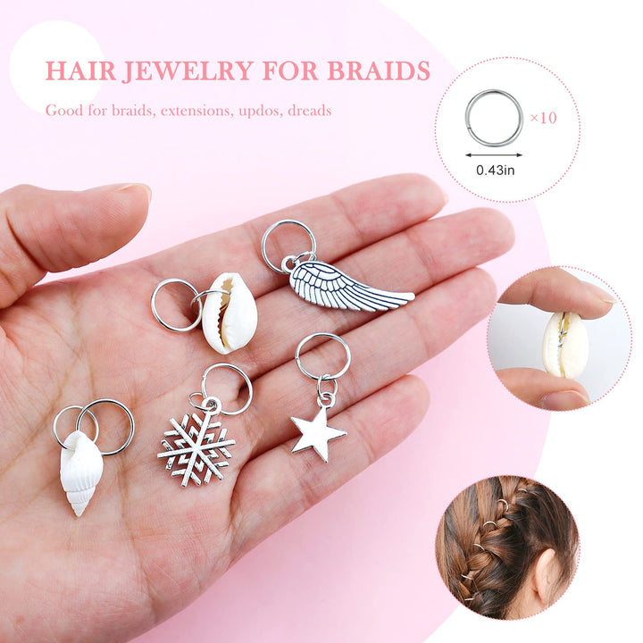 Hair Braid Rings, 50PCS Hair Loops Clips Silver Ring Shell Leaves Star Conch Snowflake Pendant Charms Set Hair Clip Headband Accessories