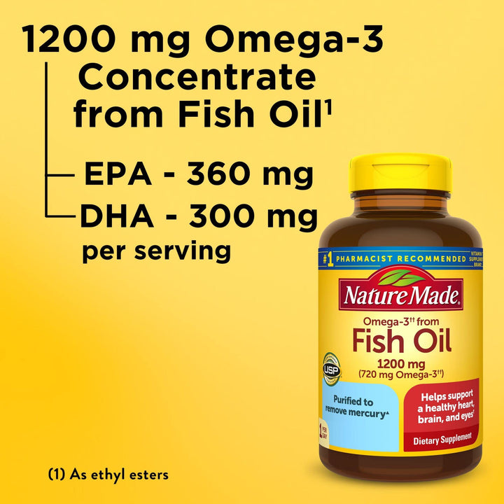 Omega 3 Fish Oil 1200 mg, Fish Oil Supplements as Ethyl Esters, Omega 3 Fish Oil for Healthy Heart, Brain and Eyes Support, One Per Day, Omega 3 Supplement with 100 Softgels