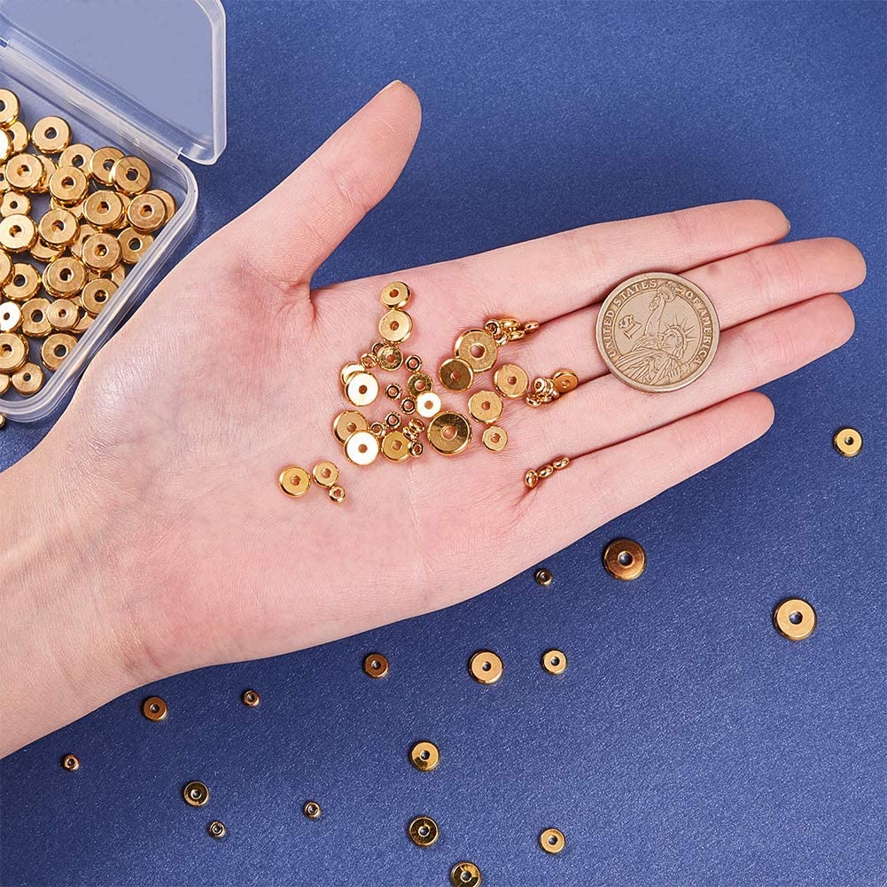 250pcs 5 Size Flat Round Golden Brass Disc Rondelle Spacer Beads Jewelry Metal Spacers for Bracelet Necklace Jewelry Making