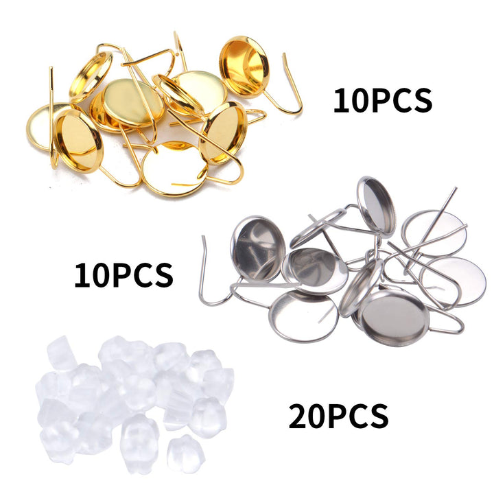 Cabochon Earring Setting, 20 Pieces Stainless Steel 12mm Cabochon Earrings Hook and 20 Pieces Silicone Earring Back for Jewelry Making, Silver and Gold