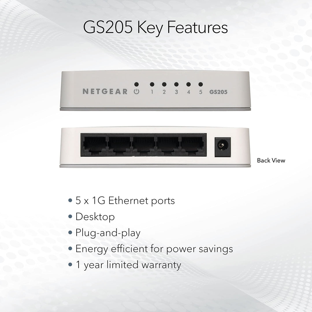 Netgear GS205-100PAS 5-Port Gigabit Ethernet Unmanaged Switch, Desktop, 10/100/1000Mbps (GS205)