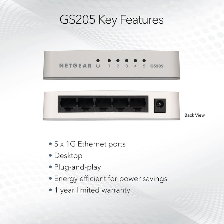 Netgear GS205-100PAS 5-Port Gigabit Ethernet Unmanaged Switch, Desktop, 10/100/1000Mbps (GS205)
