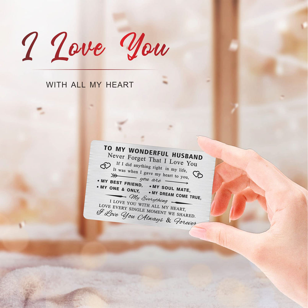 Romantic Men Birthday Cards for Him Husband, Metal Engraved Wallet Card