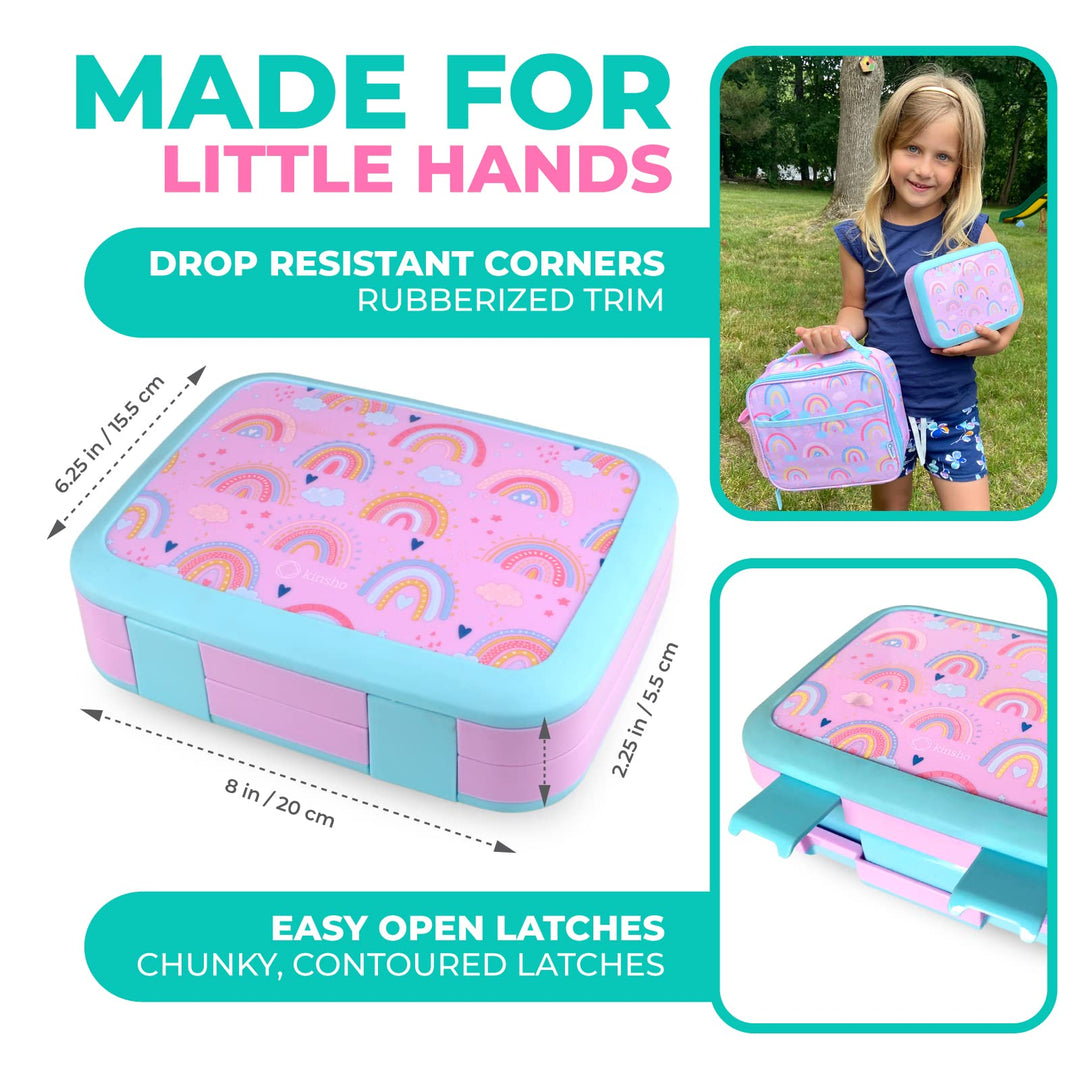 Bento Lunch Box with Thermal for Kids Set, Insulated Lunch Bag with Ice Pack, Stainless Steel Food Jar for Hot Soup, Boxes with 4 Compartments, Purple Rainbow