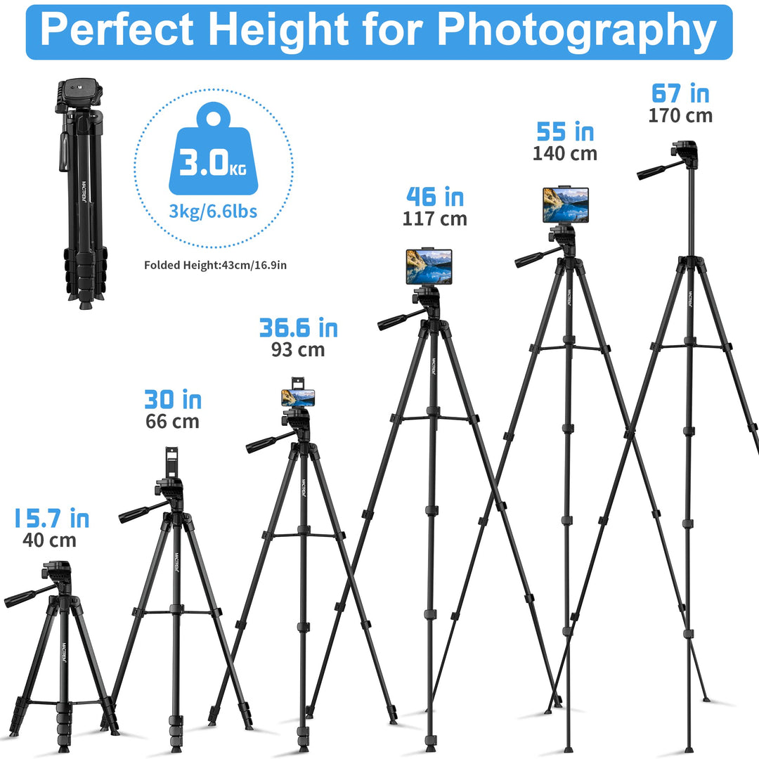67 Phone Tripod, MACTREM Tripod Stand for iPad iPhone Tablet Camera with 2 in 1 Mount & Wireless Remote, Aluminum Extendable iPhone Tripod for Video Recording/Selfies/Live Stream/Vlogging