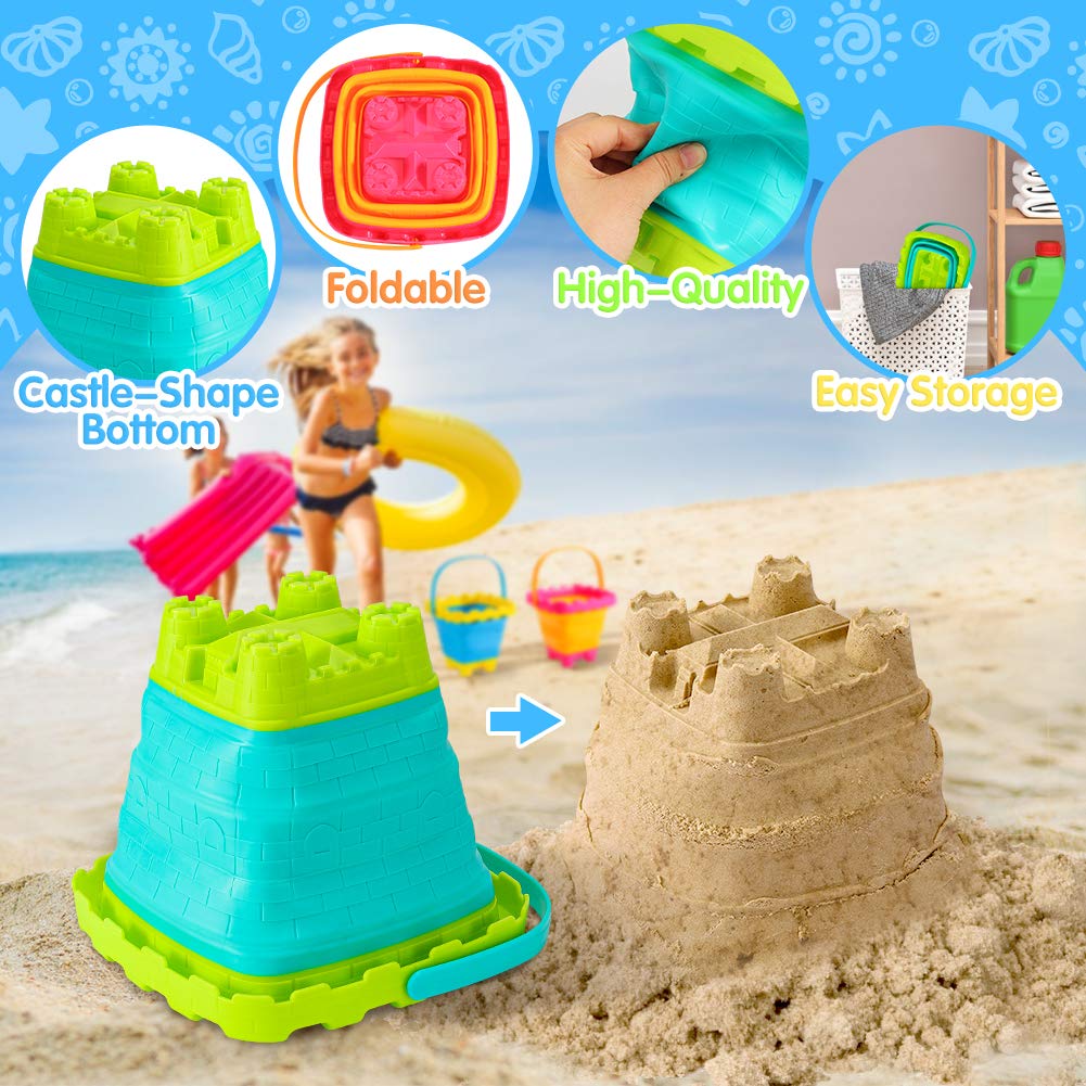 3PCS Collapsible Sand Bucket, 2.7L Portable Silicone Foldable Castle Pails Buckets, Sand Castle Building Kit, Sand Castle Molds Beach Toys, Camping Gear, Foldable Beach Buckets for Travel