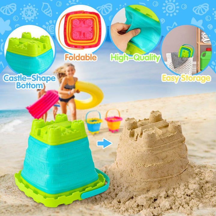 3PCS Collapsible Sand Bucket, 2.7L Portable Silicone Foldable Castle Pails Buckets, Sand Castle Building Kit, Sand Castle Molds Beach Toys, Camping Gear, Foldable Beach Buckets for Travel