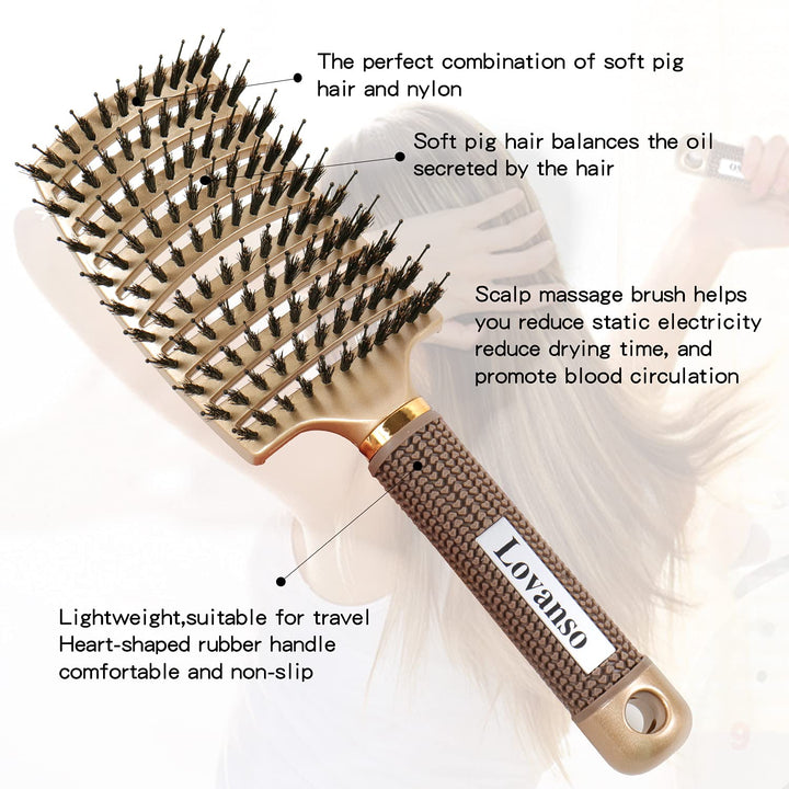 2pcs Boar Bristle Hair Brushes Curved Vented Brush for Long, Thick, Thin, Curly &amp; Tangled Hair Women &amp; Men with Faster Blow Dryer Drying