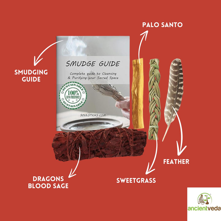 Sage Smudge Kit | Dragon&#39;s Blood Sage, Sweetgrass Braid, &amp; Palo Santo Stick(s) Smudging Kit for Meditation, Yoga, Reiki, Home Cleansing, &amp; Aromatherapy (Starter Kit, Dragons Blood Sage)