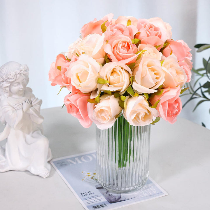24 Heads Artificial Rose Flowers Bouquet Silk Flower Roses with Stems Home Bridal Wedding Party Festival Decor (2 Packs Champagne and Pink)