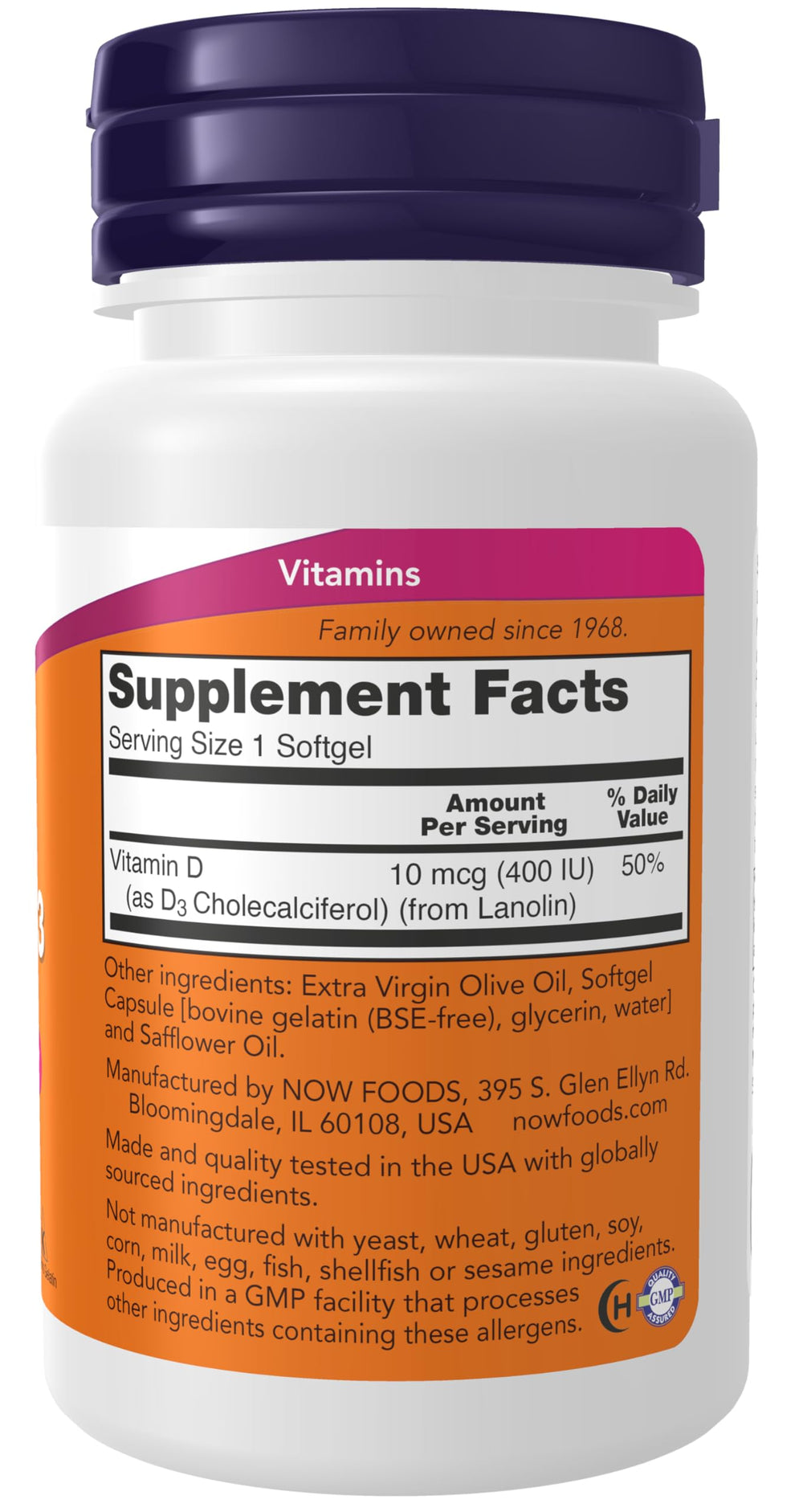 NOW Supplements, Vitamin D-3 400 IU, Strong Bones*, Str
