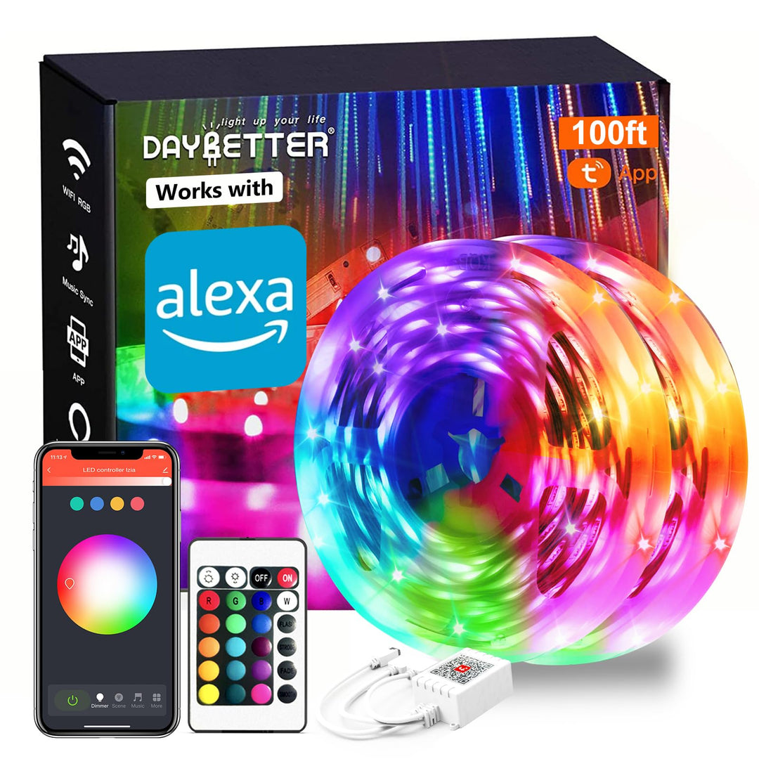 Smart WiFi Led Lights 100ft, Tuya App Controlled Led Strip Lights, Work with Alexa and Google Assistant, Timer Schedule, Color Changing Led Lights for Bedroom Party Kitchen