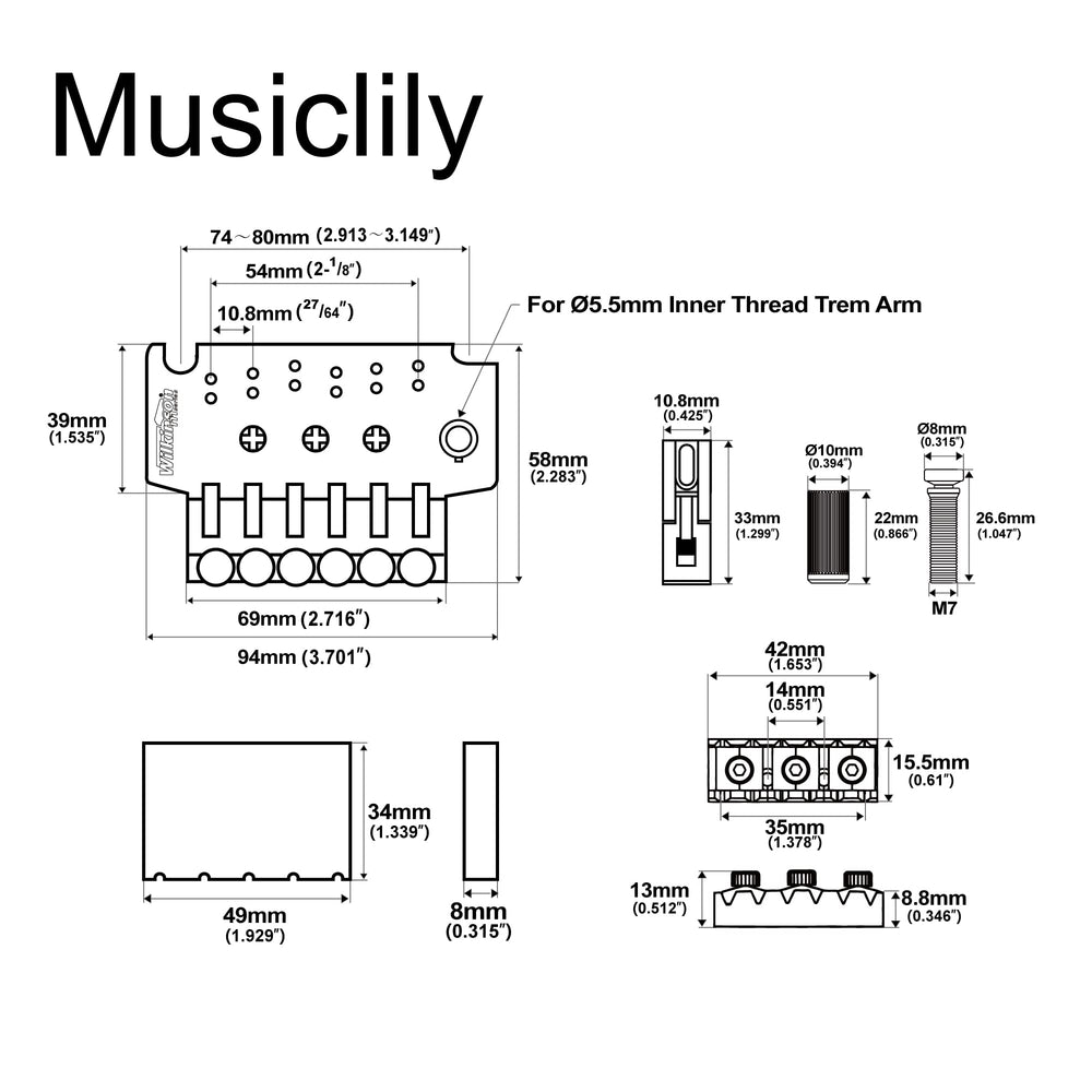 53.5mm (2-7/64 inch) String Spacing FR Style Double Locking Tremolo System Vibrato Bridge for Electric Guitar, Chrome