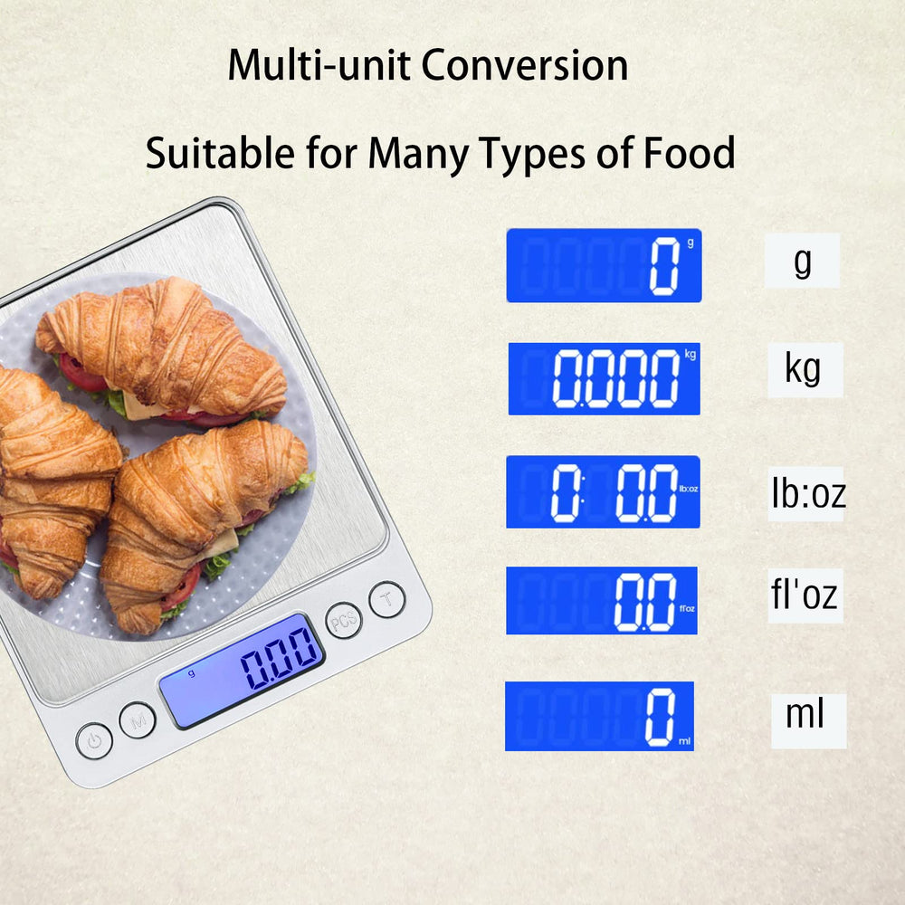 0.1Gram Precision Multifunction Kitchen and Food Stainless Steel Scale, Electronic Digital Balance Weight Pocket Scale 3000g-Silver