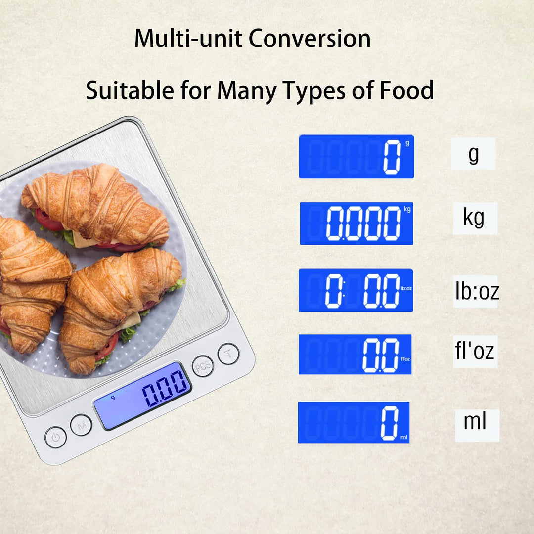 0.1Gram Precision Multifunction Kitchen and Food Stainless Steel Scale, Electronic Digital Balance Weight Pocket Scale 3000g-Silver