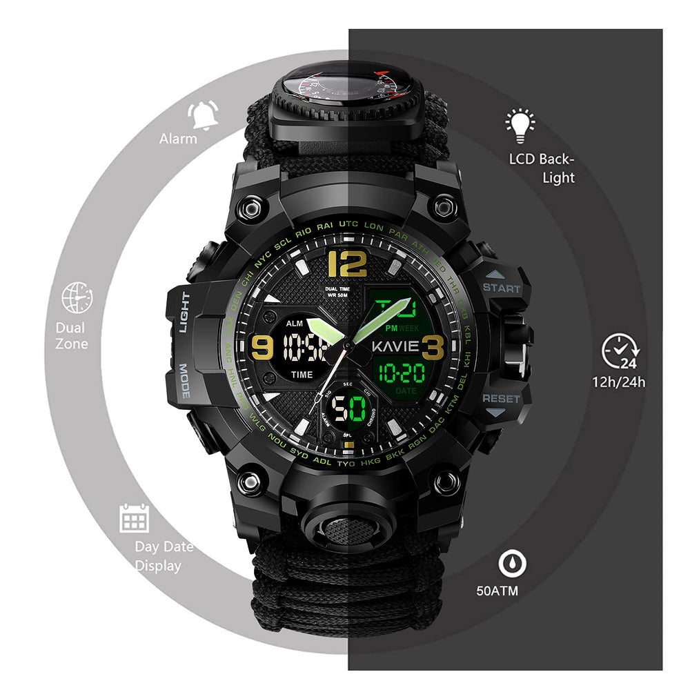 Mens Tactical Military Digital Watch, 23-in-1 Survival Multi-Functional Army Outdoors Waterproof Sports Watches LED Electronic Wristwatches with Compass Paracord Band