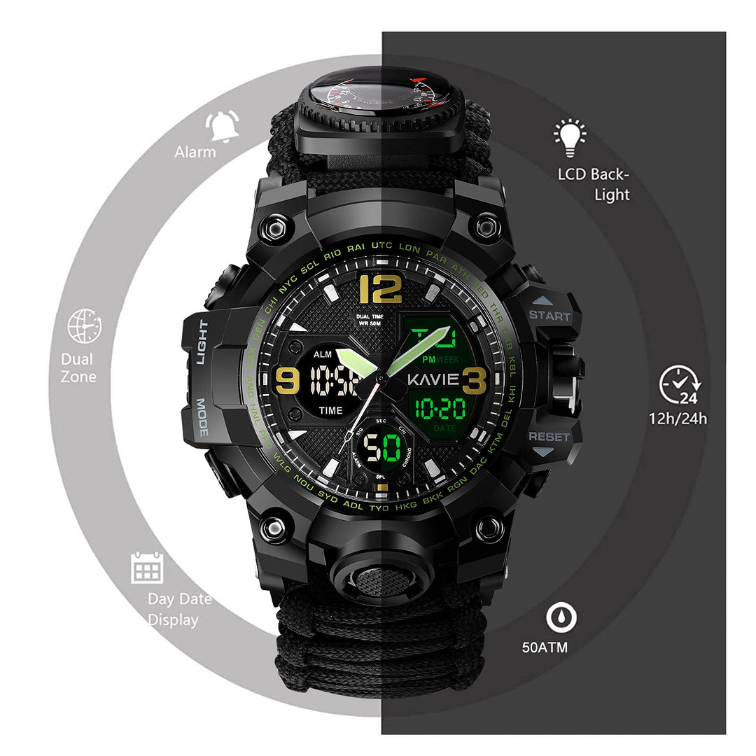 Mens Tactical Military Digital Watch, 23-in-1 Survival Multi-Functional Army Outdoors Waterproof Sports Watches LED Electronic Wristwatches with Compass Paracord Band