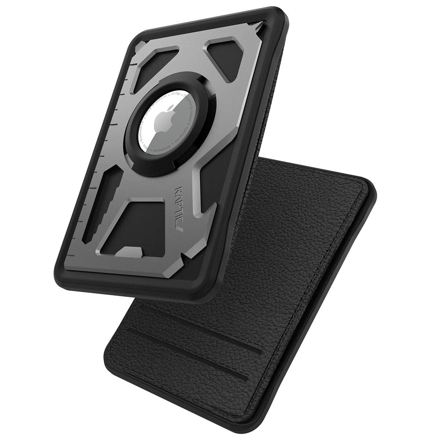 Raptic Tactical Wallet Case for Apple AirTags, Multifunctional 4-Card Wallet with AirTag Holder, 8-in-1 Multitool, Stainless Steel and Real Leather