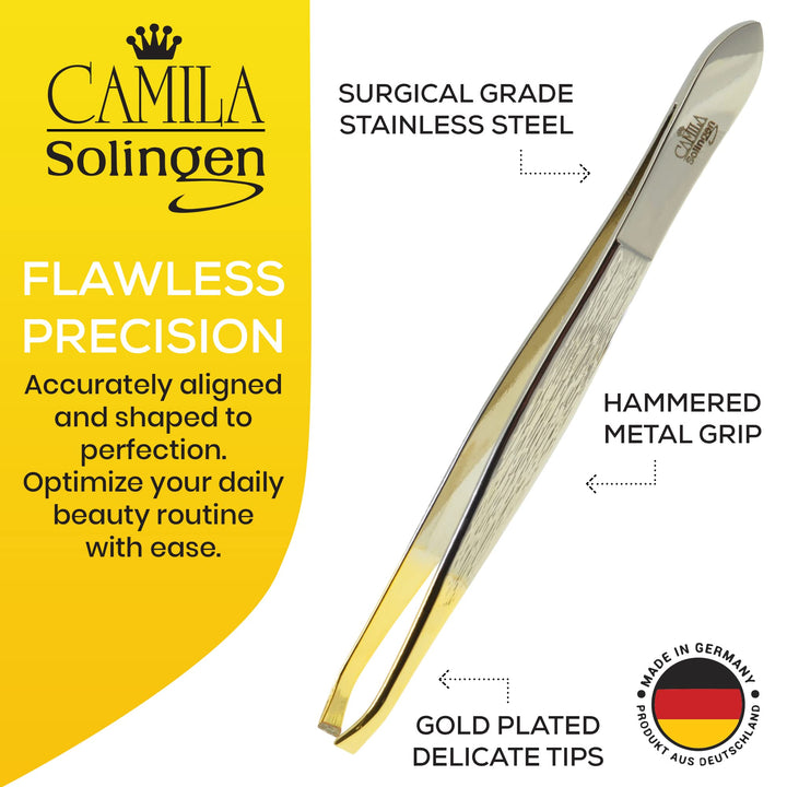 Camila Solingen CS30 3 1/2 Gold Tipped, Surgical Grade, German Stainless Steel Tweezers (Claw).