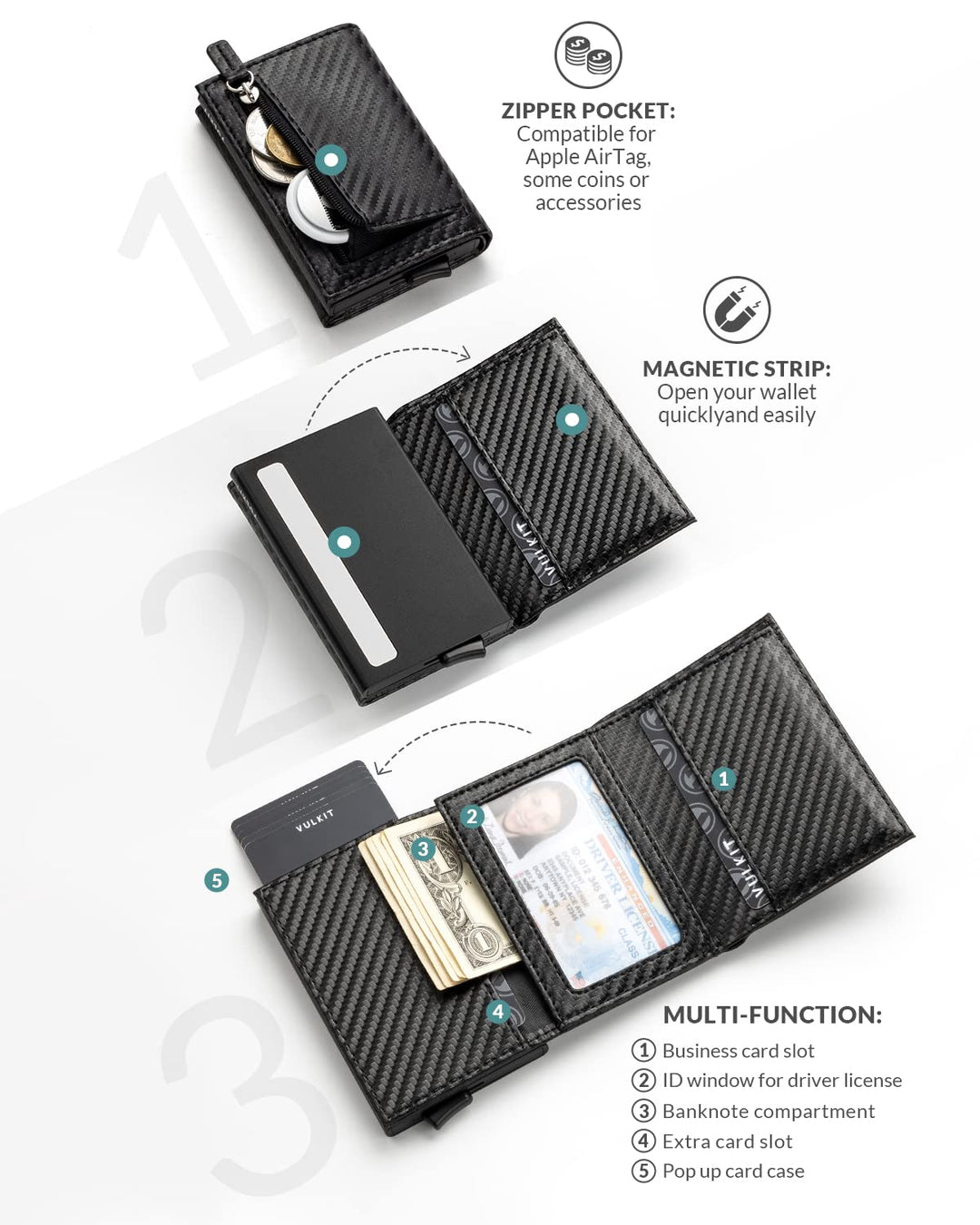 Pop up Wallet RFID Blocking Leather Credit Card Wallet with Banknote Compartment, ID Window &amp; Coin Pocket (Carbon Black)