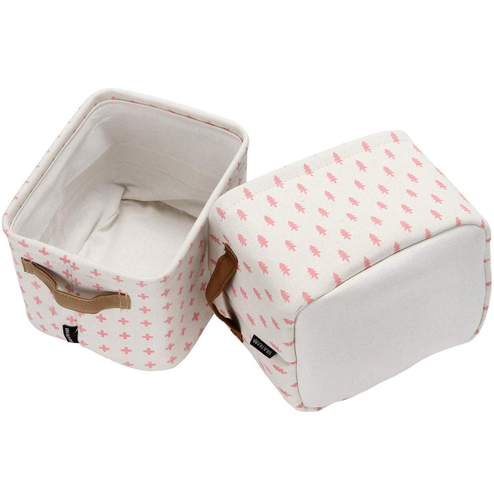 Collapsible Small Canvas Fabric Storage Basket with Handles, Square Mini Storage Box, Cube, Foldable Shelf Basket, Closet, Desk Organizer for Nursery, Home, Office (Pink, Set of 4)