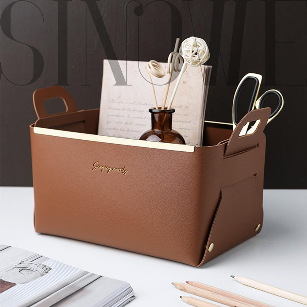 Decorative Faux Leather Basket,Small Catchall Basket for Entryway Bedside Dresser End table,Foldable Rectangle Tray Organizer Box,Set of 2,Caramel