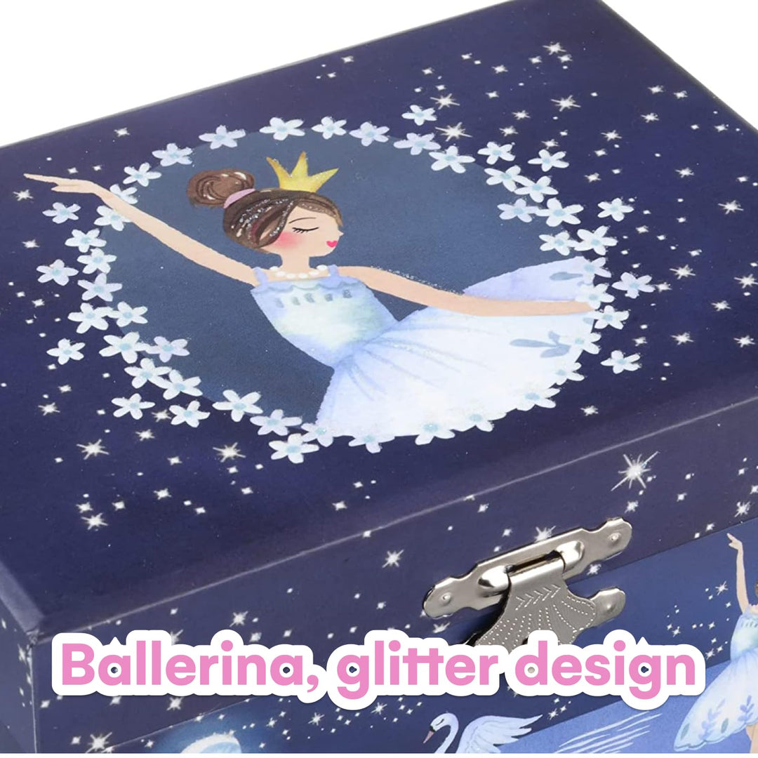 Girl&#39;s Musical Jewelry Storage Box with Spinning Ballerina, Glitter Design, Swan Lake Tune