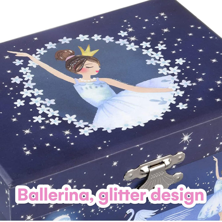 Girl&#39;s Musical Jewelry Storage Box with Spinning Ballerina, Glitter Design, Swan Lake Tune