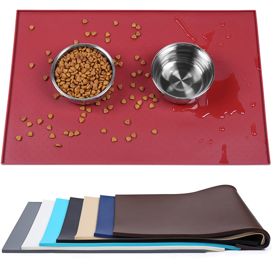 Pet Food Mat Silicone Dog Cat Bowl Mat Non-Stick Food Pad Small 19 x 12 Waterproof FDA Grade Pet Feeding Mat, Burgundy
