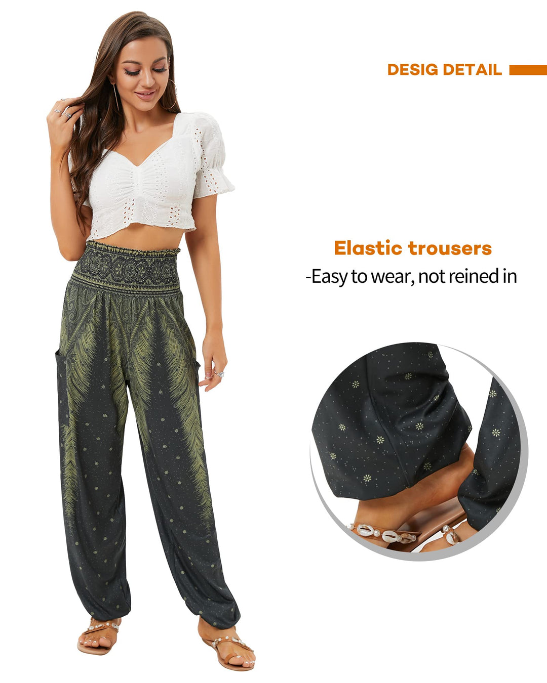 Women&#39;s Harem Pants, High Waist Yoga Boho Trousers with Pockets Elephant Black L