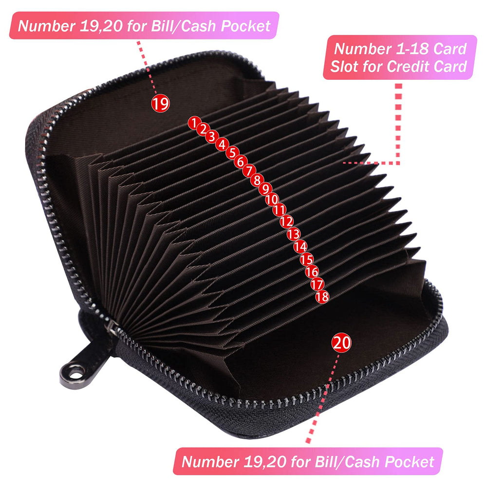 RFID 20 Card Slots Credit Card Holder Genuine Leather Small Card Case for Women or Men Accordion Wallet with Zipper