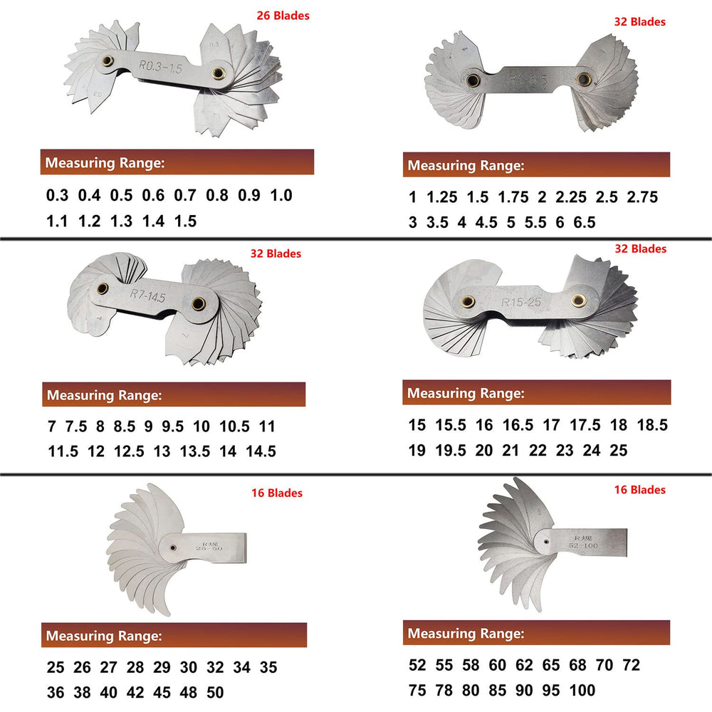 6 Pack R0.3-1.5/ R1-6.5/ R7-14.5/ R15-25/ R25-50/ R52-100 Radius Gauge Set, Stainless Steel Radius Fillet Gage Portable Concave Convex Measuring Tool for Tool and Die Makers Check