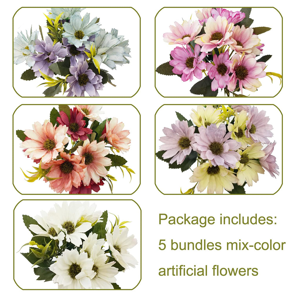 Silk Artificial Flowers 5 Pcs Fake Cosmos Faux Daisy Wildflowers for Indoor Outdoor Home Garden Porch Window Table Centerpieces Vase Wedding Party Decor