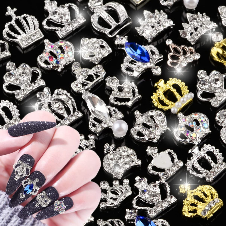 Charms Metal Alloy Silver Gold 3D Nail Art Bow Crown Elk Butterfly Rhinestone Crystal Diamonds Nail Studs Manicure Jewelry for Crafts DIY Nail Art Tip (Crown)
