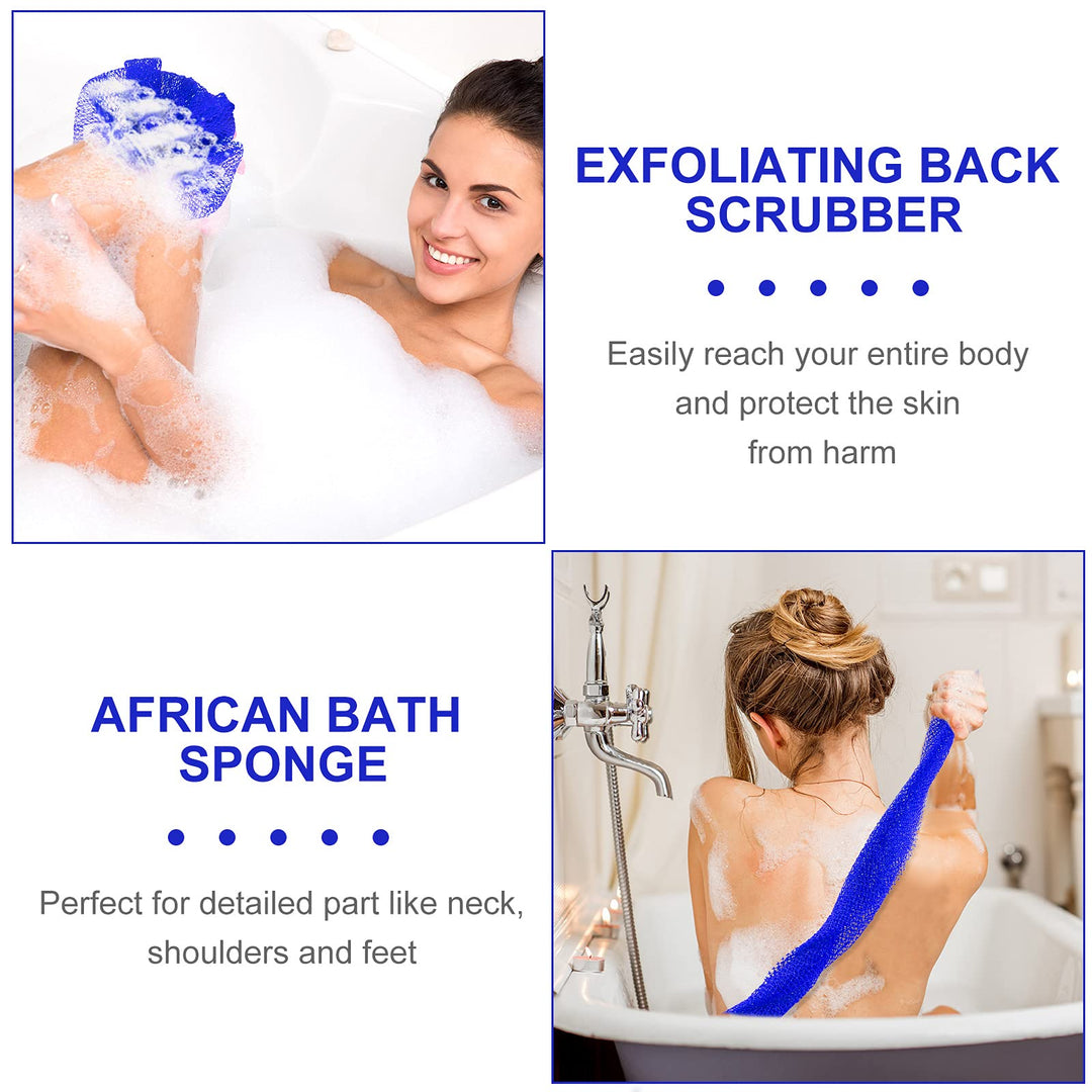 2 Pieces African Net Bath Sponge African Exfoliating Long Body Scrubber Tight Weave Beauty Skin Smoother Tower Bath Cloth Porous Stretches Back Washcloths for Daily Use or Stocking Stuffer (Blue)
