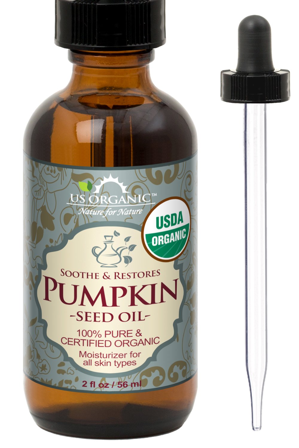 Pumpkin Seed Oil, USDA Certified Organic, Pure, Natural, Cold Pressed Virgin, Unrefined in Amber Glass Bottle w/Glass Eyedropper (Small (2 oz, 56 ml))