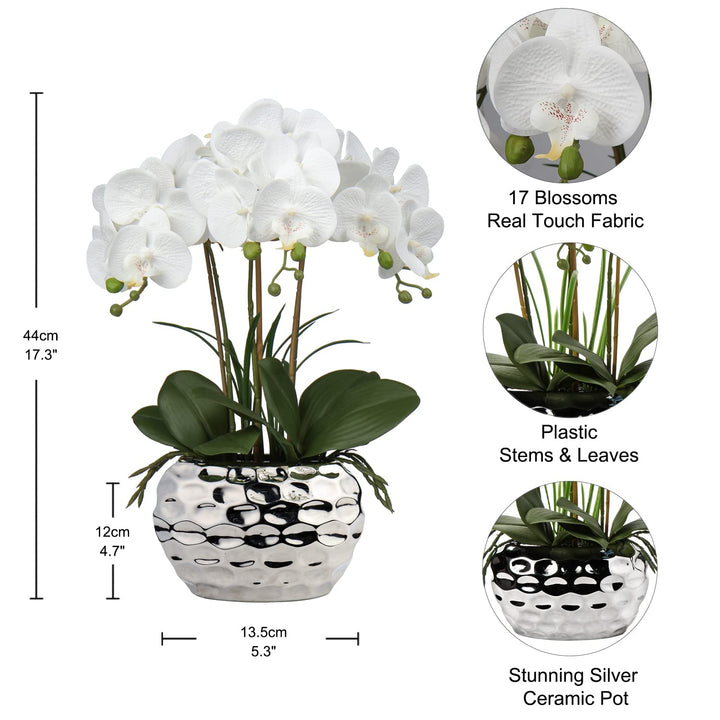 Orchids Artificial Flowers 18 White Phalaenopsis Large Orchid with Silver Ceramic Pots Silk Faux Orchid Arrangement for Home Office Bathroom Living Room Table Decoration