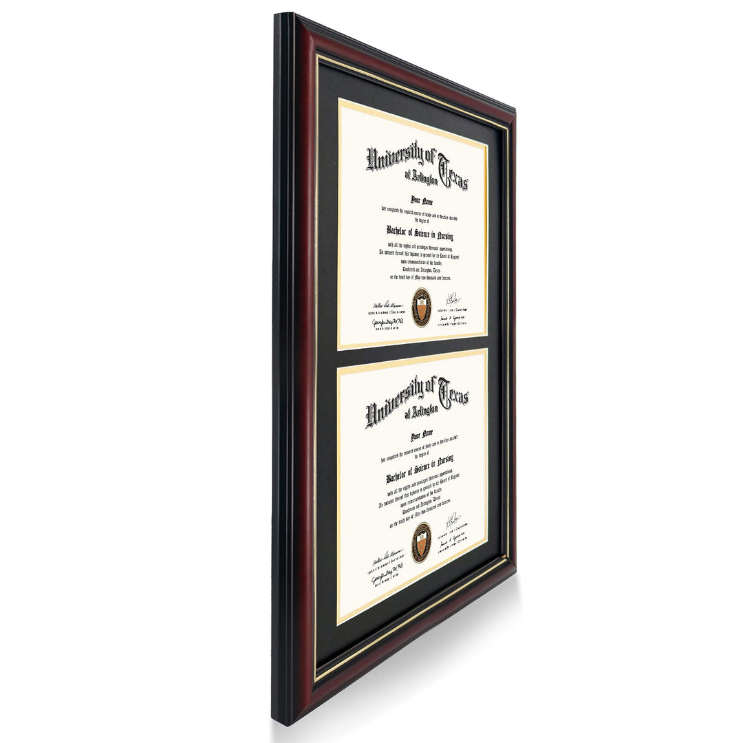 Double 8.5x11 Diploma Frame,Solid Wood &amp; UV Protection Acrylic,Cherry Finish with Gold Trim,Black &amp; Gold Mat