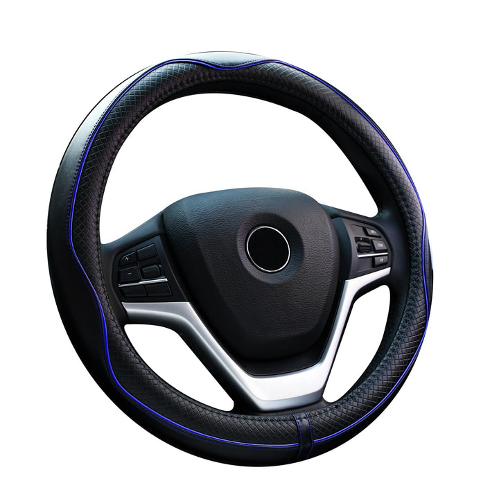 Steering Wheel Covers Universal 15 inch - Genuine Leather, Breathable, Anti Slip &amp; Odor Free (Black with Blue Lines, M(14 1/2-15 1/4))