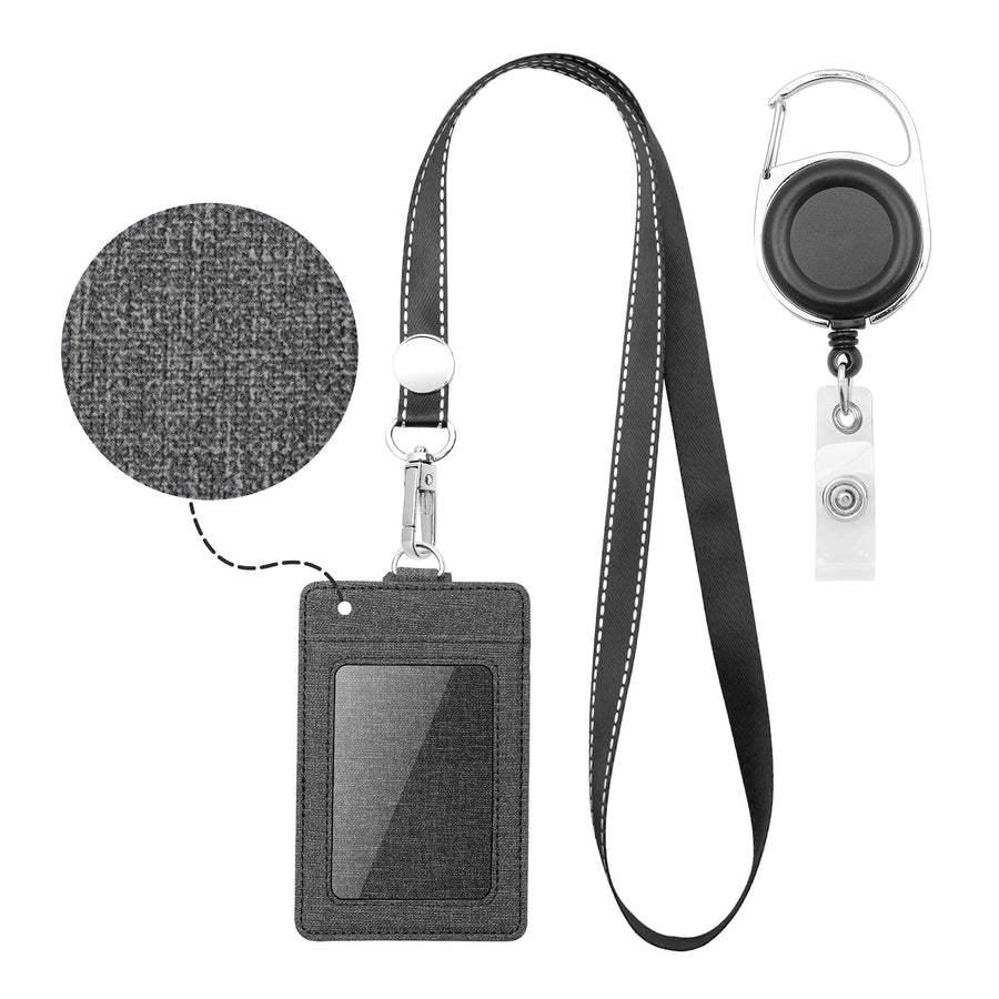 Badge Holder - Leather ID Card Holder Wallet Case with 3 Cards Slot and Neck Lanyard/Strap. Additional Retractable Badge Reel with Belt Clip (Black, Linen Finish)