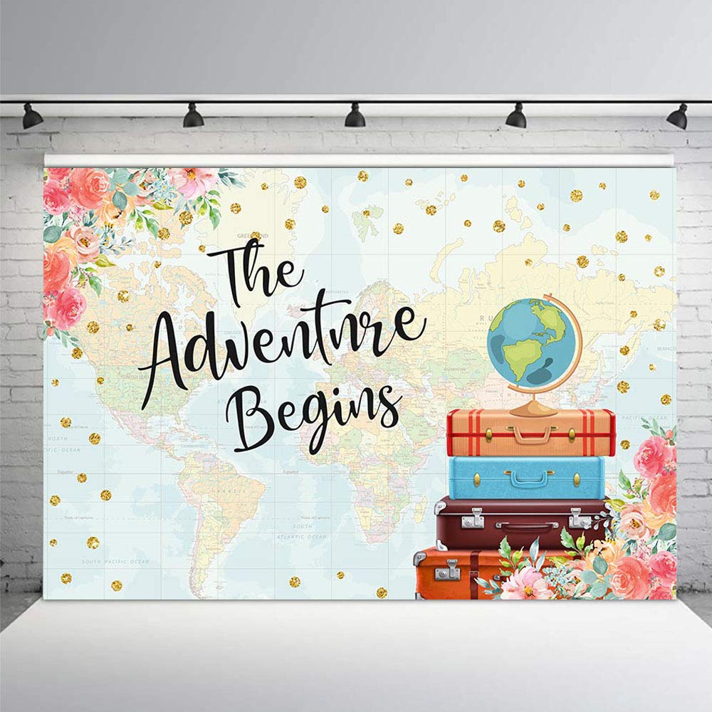 Adventure Begins Baby Shower Party Decorations Backdrop Vintage Red Floral Suitcases Travel Around The World Map Bridal Wedding Shower Photography Background Photo Banner 7x5ft