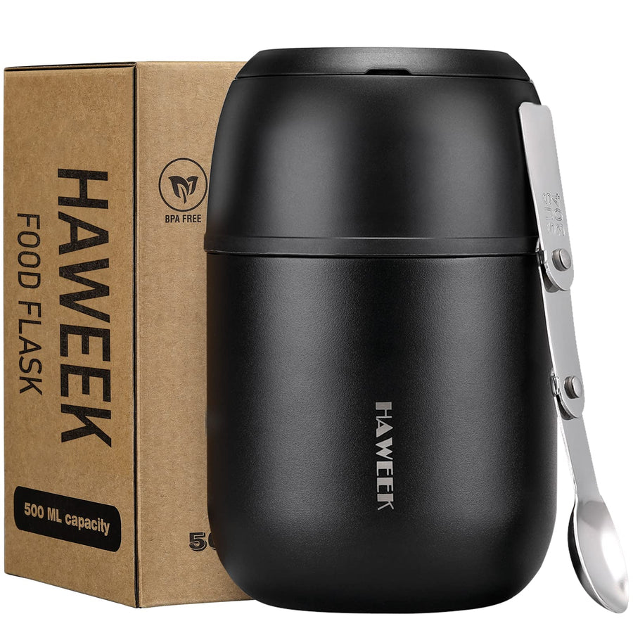 Insulated Food Container 17 oz Soup Thermo for Hot Food Kids Adults, Stainless Steel Vacuum Lunch Box with Folding Spoon, Adult Kids Thermo Portable with Handle for School, Office, Outdoor