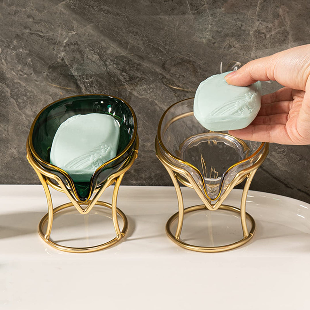 Bar Soap Holder Self Draining Soap Dish, Decorative Bathroom Soap Tray with Gold Iron Frame Creative Soap Box for Bathroom, Kitchen Sink Home Gift